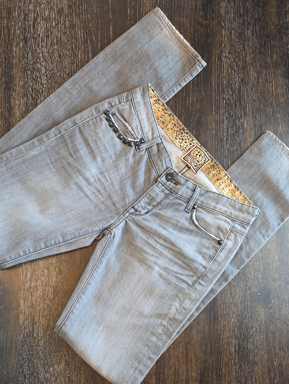 Rich & Skinny Light Gray Skinny Jeans with Leopard Waistband